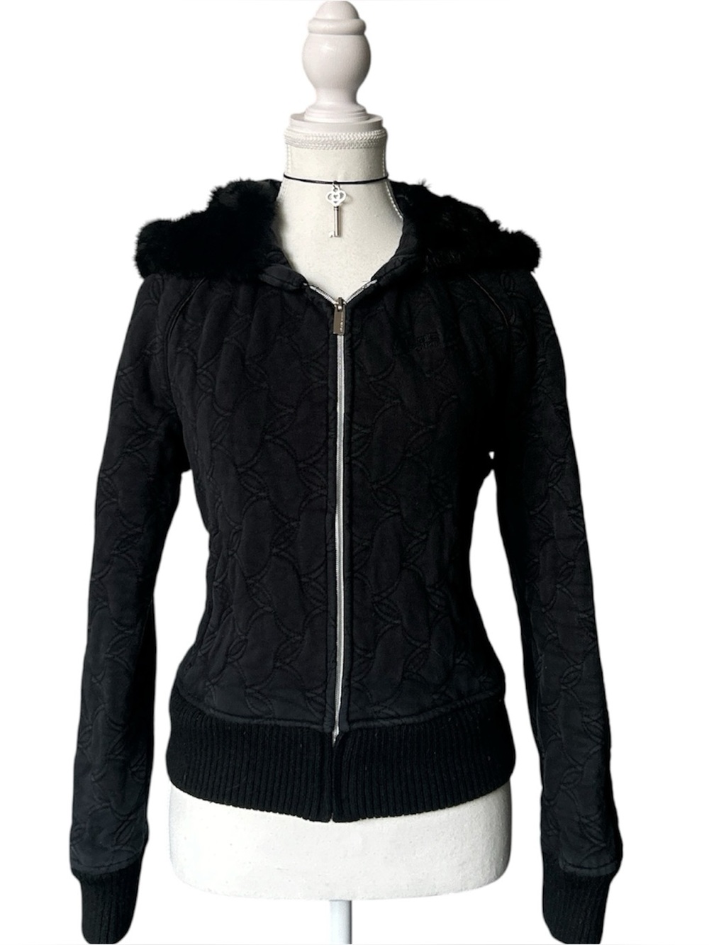 Y2K Coquette “Bebe” Black Quilt Style Rabbit Fur Trim Zip-up Jacket